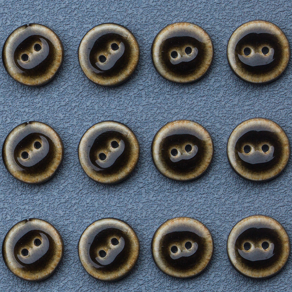 14mm round 2-hole glazed ceramic buttons, dark bronze/brown, multiple buttons in a grid