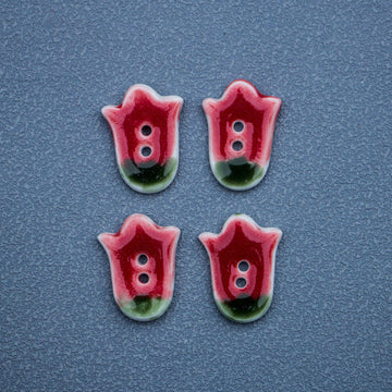 Handmade red tulip ceramic buttons with 2 holes each, front view (5 pcs)