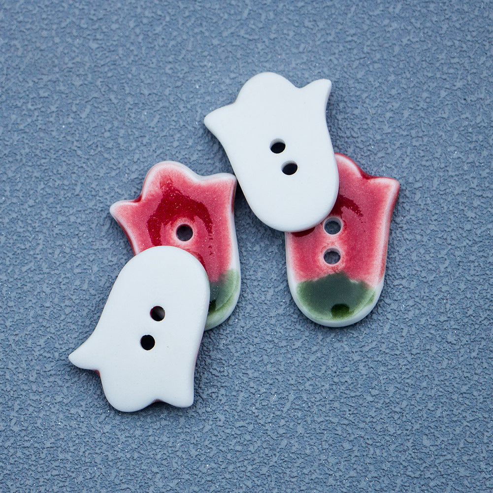 Red tulip ceramic buttons with two holes each, red top and green bottom