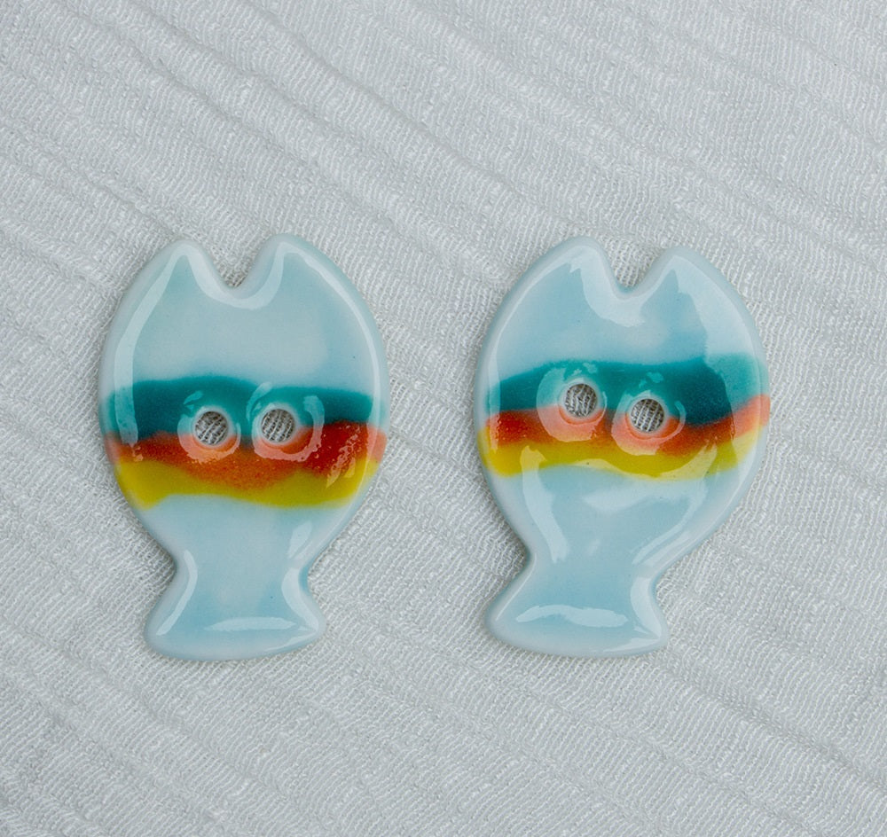 Ceramic fish buttons, two-hole design, hand-painted in rainbow colors