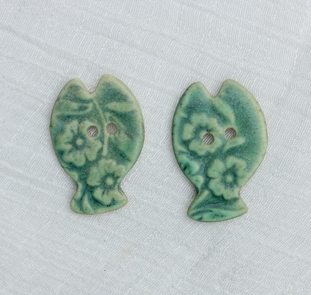 Ceramic fish buttons, two-hole design, hand-painted in bronze green