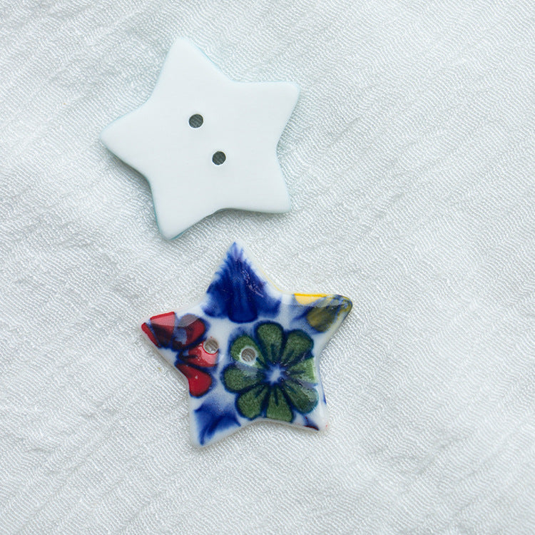 Ceramic star buttons: light blue and floral blue print, 2-hole (10pcs)