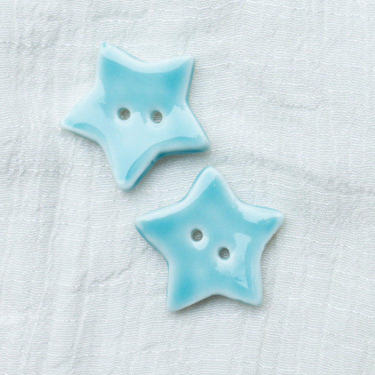 Light blue ceramic star buttons, 2-hole, handmade (10pcs)