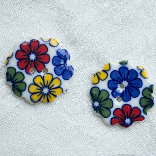 30mm 2-Hole Handmade DIY Ceramic Buttons Blue and White Flower Pattern 10pcs A