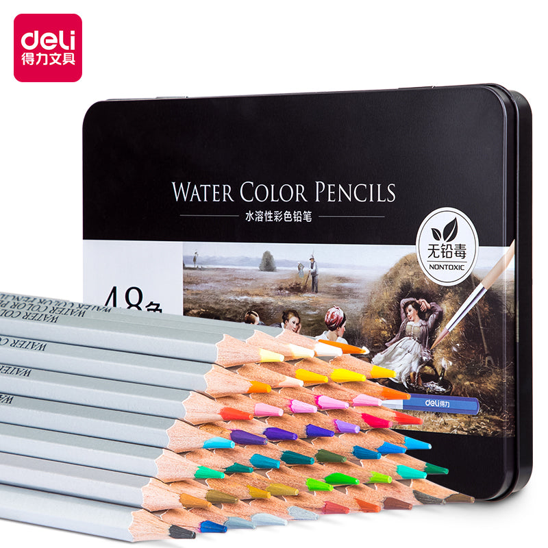 DELI Watercolor Pencils,24/36/48/72 Colors Tin Box with Paint Brush