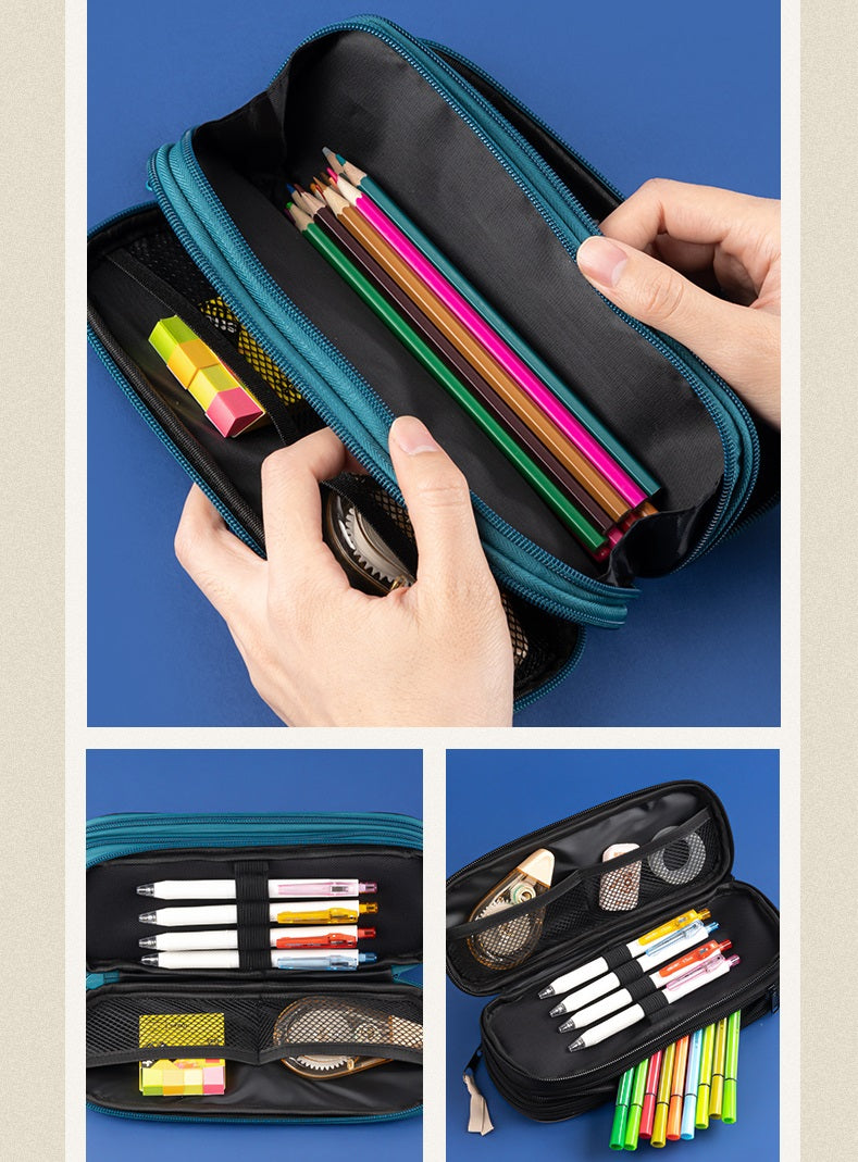 DELI Large Capacity Pencil Case Pouch Pen Storage Bag 3 Compartments