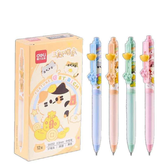 DELI Cat Silent Click Gel Pen – 0.5mm Black Ink – 12-Pack