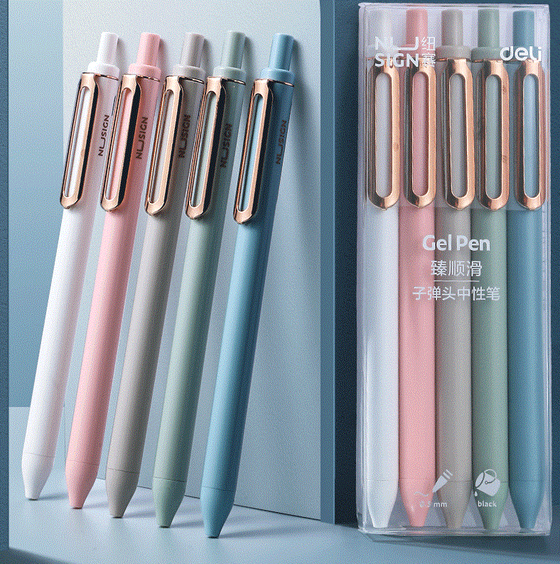 DELI NUSIGN Retractable Gel Pens Morandi,5 Pack,Black Ink