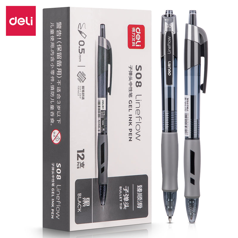 DELI S08 Gel Ink Pens,Extra Fine Point 0.5 mm,Pack of 12,Black Red Blue