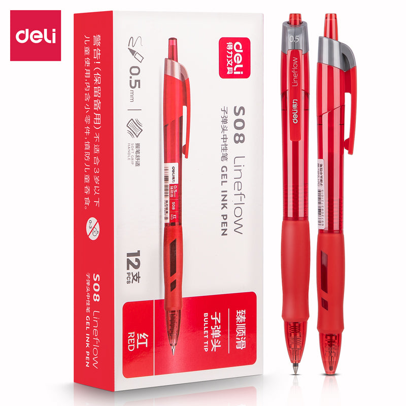 DELI S08 Gel Ink Pens,Extra Fine Point 0.5 mm,Pack of 12,Black Red Blue