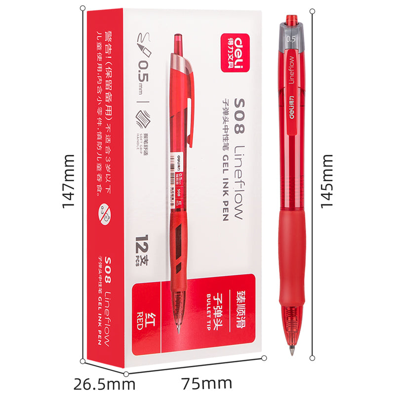 DELI S08 Gel Ink Pens,Extra Fine Point 0.5 mm,Pack of 12,Black Red Blue