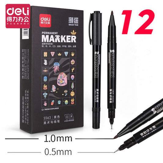 DELI Fine/Ultra Fine Twin Tip Permanent Marker Pen,Black (Pack of 12)