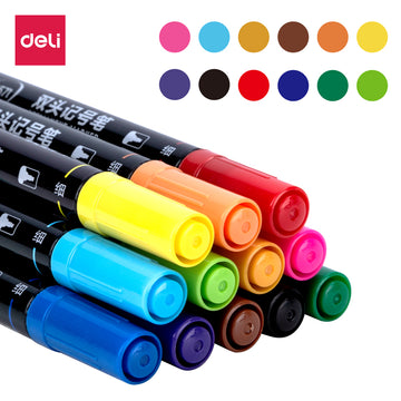 DELI Twin Tip Permanent Markers 12 Color Oil Based - TTpen