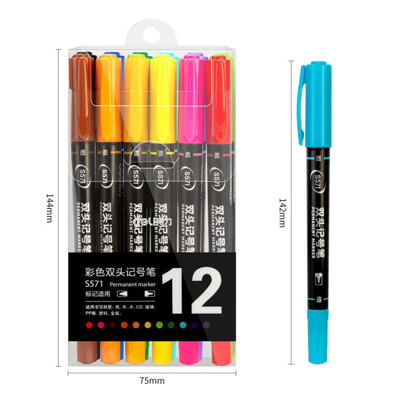 DELI Twin Tip Permanent Markers 12 Color Oil Based