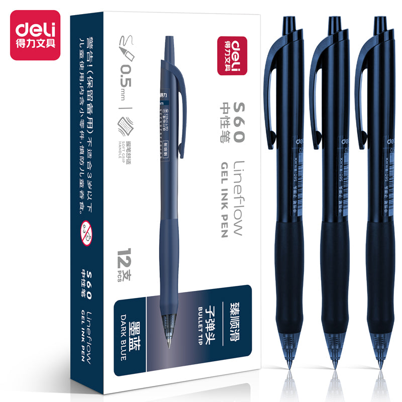 DELI S60 Retractable Lineflow Gel Pen 0.5mm Fine Point,12 Count