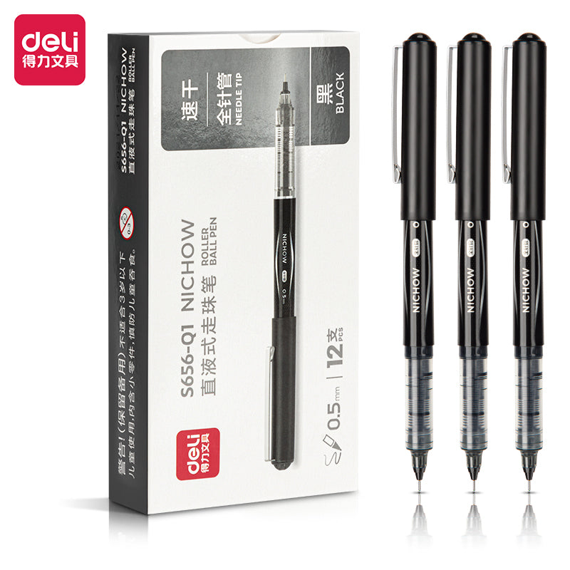 DELI NICHOW Liquid Black Ink Rollerball Pens 0.5mm Needle Tip 12 Pack