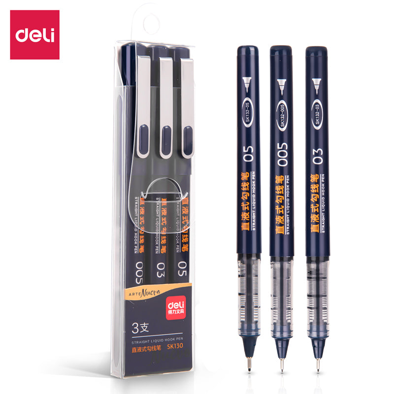 DELI Black Liquid Ink Fineliner Hook Pen for Writing Drawing Journaling 3 Pack - TTpen