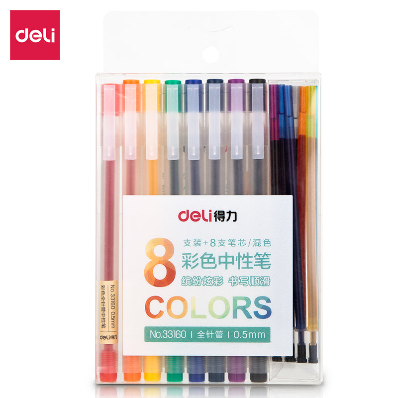 DELI 8 Color Gel Ink Pen with 8pcs Refills 0.5MM Needle Tip