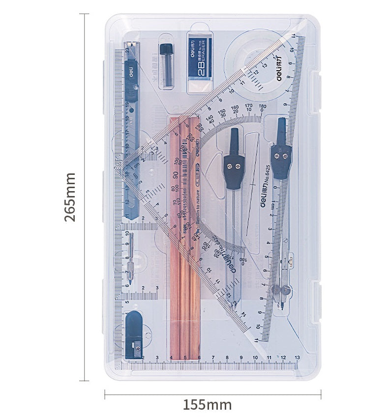 DELI 16PCS Geometry Drawing Set with Pencil Ruler Compass Storage Case