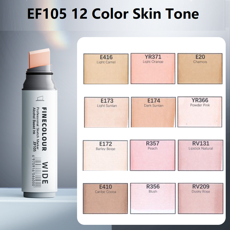 FINECOLOUR EF105 Wide-Tip Alcohol Sketch Marker Set 12 Color Skin Tone