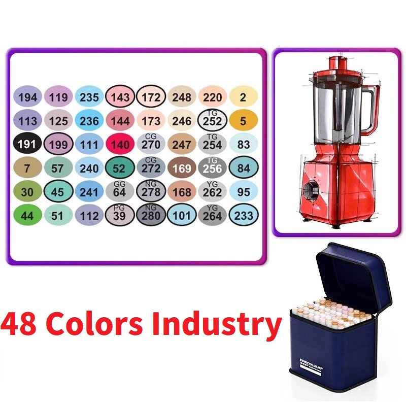 FINECOLOUR EF100 Alcohol Marker Set of 48 Colors Dual Tip Industry