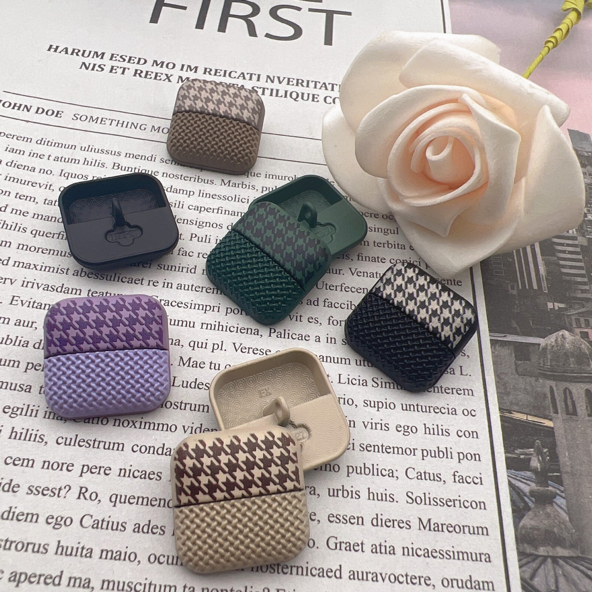 25mm square houndstooth metal shank buttons, assorted tones; front and back views