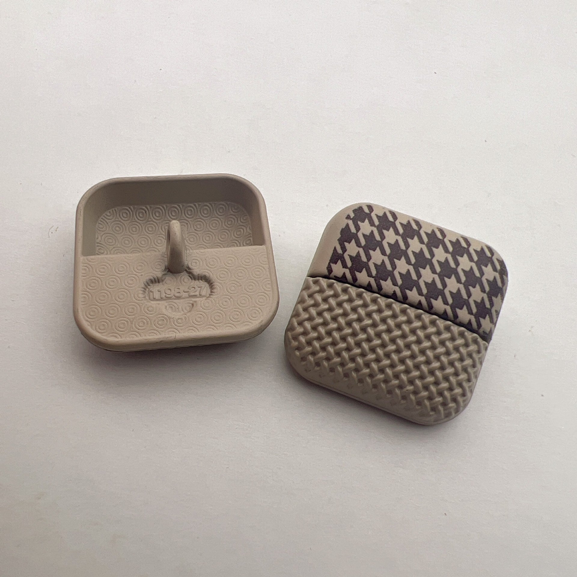 25mm square houndstooth metal shank button, khaki/cream tone; front and back pair