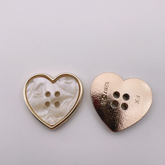 25mm Pearlized Resin Heart Shaped 4-Hole Metal Buttons 50pcs Beige