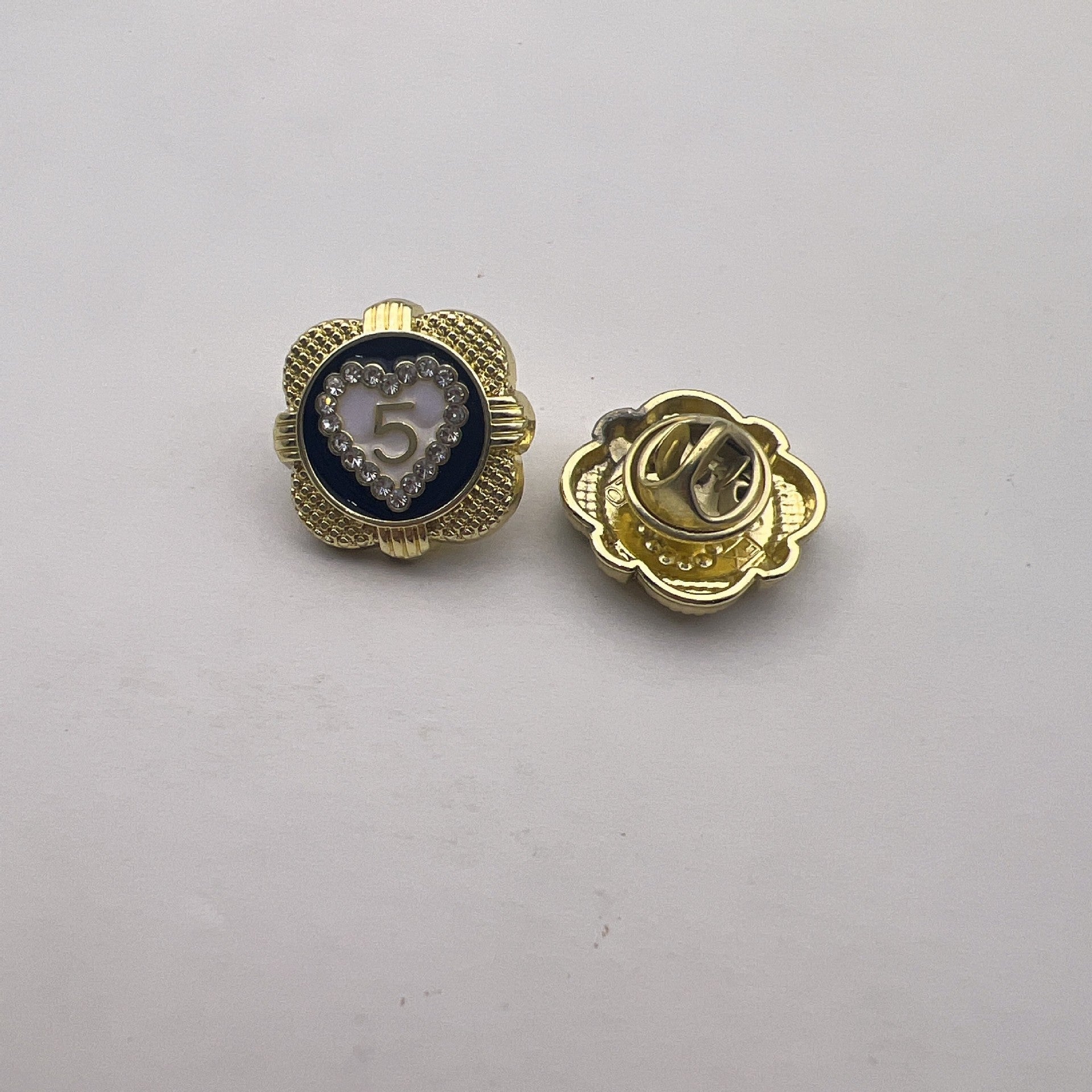Number 5 heart metal brooches, gold tone with dark blue heart center and clasp back