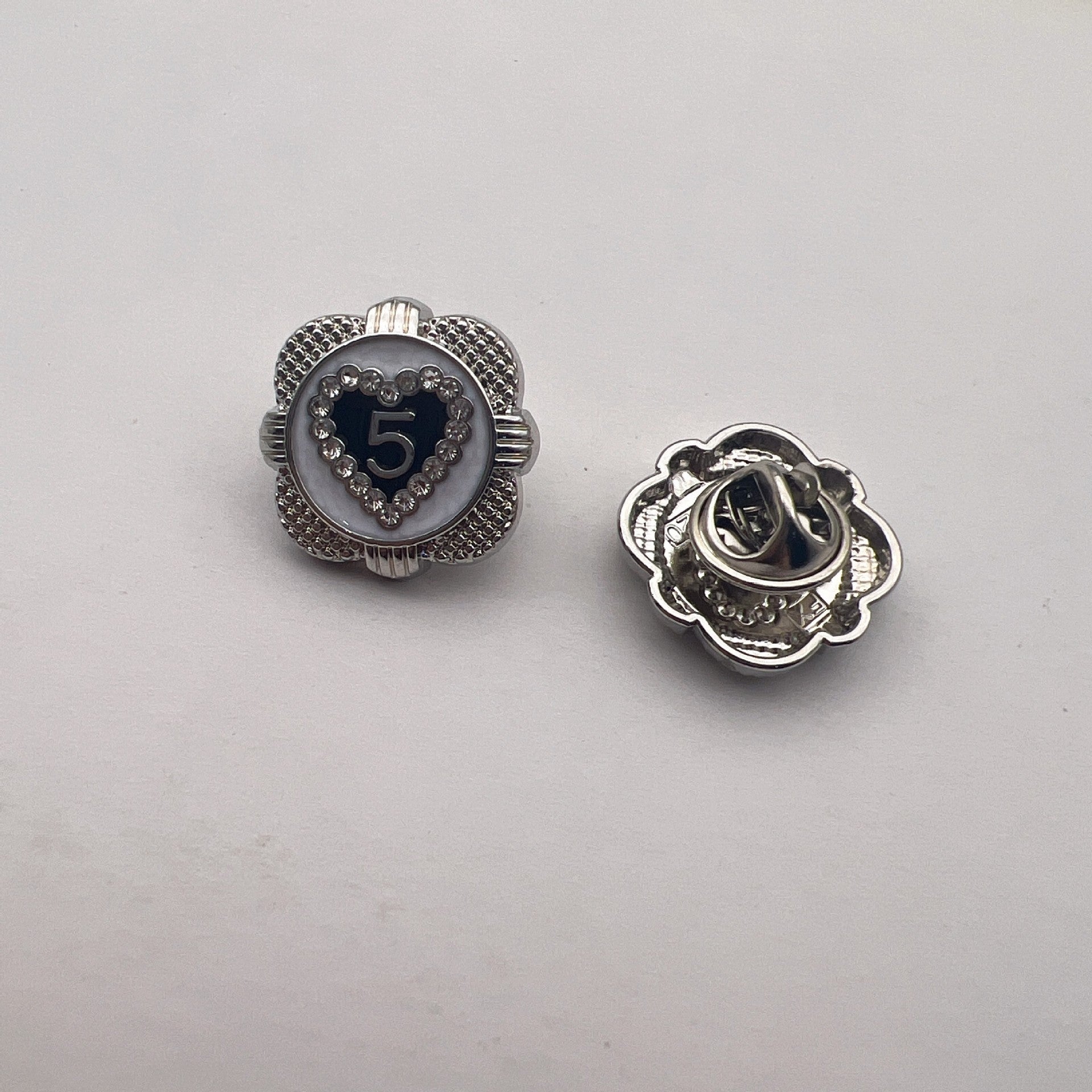 Number 5 heart metal brooches, silver tone with dark blue heart center and clasp back