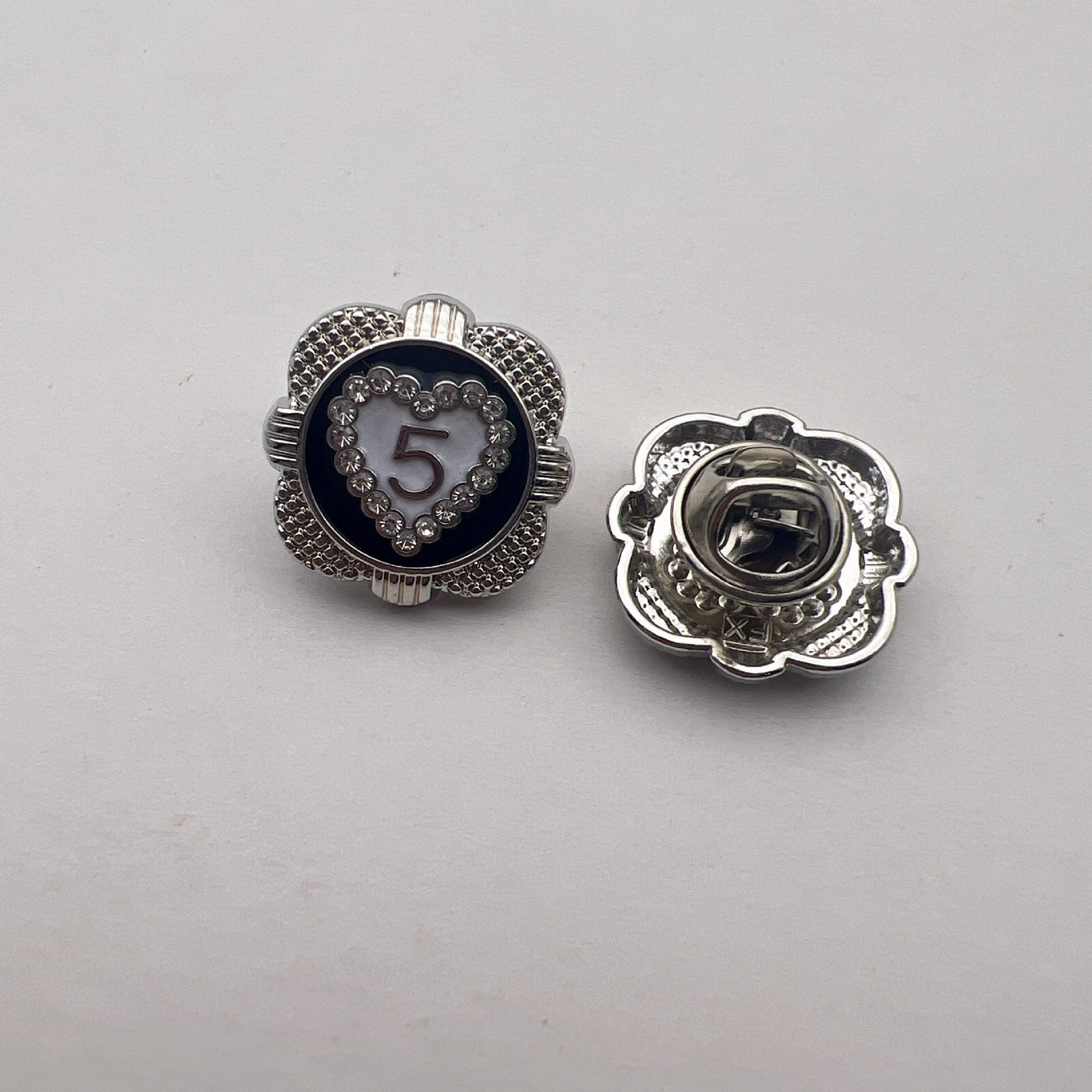 Number 5 heart metal brooches, dark blue center in silver tone with clasp back