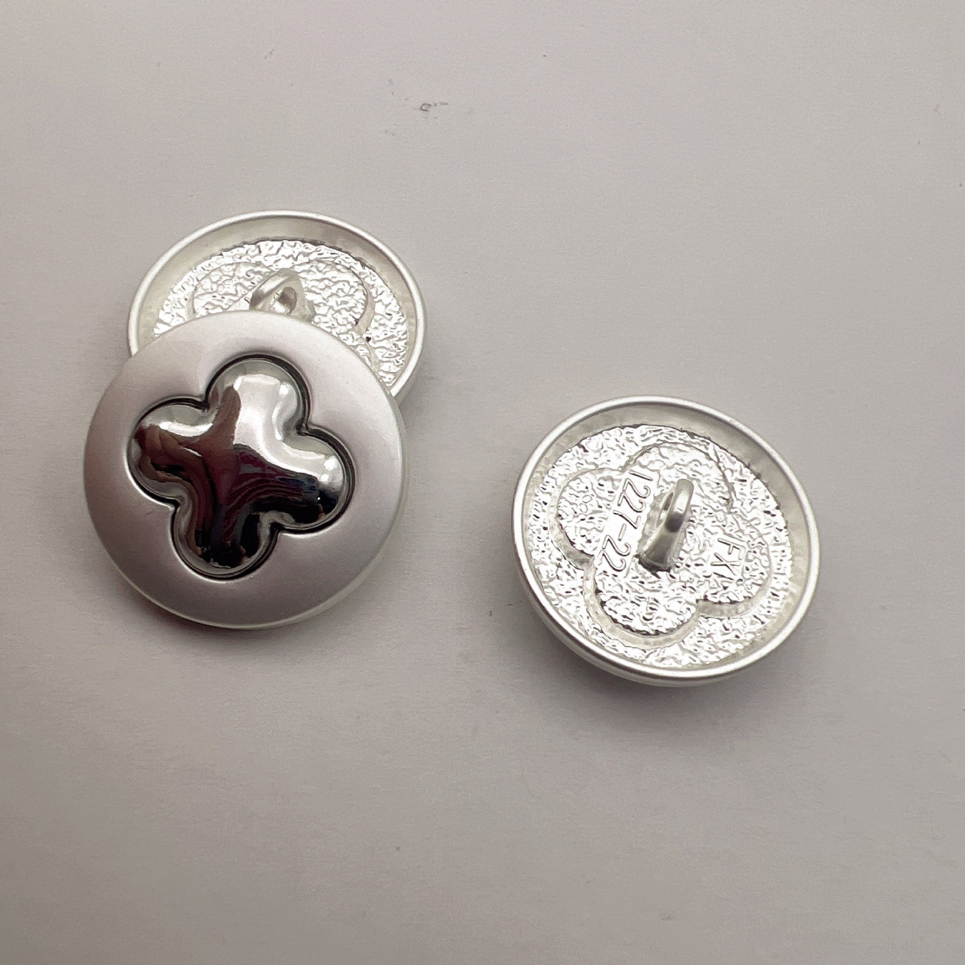 Pearlized silver heart cross metal shank buttons, dark enamel heart inlay, two buttons shown