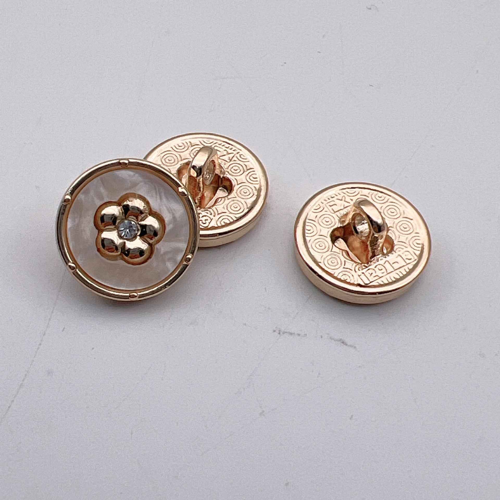 12.5mm round diamond-look metal button, Beige, gold-tone shank and rivets