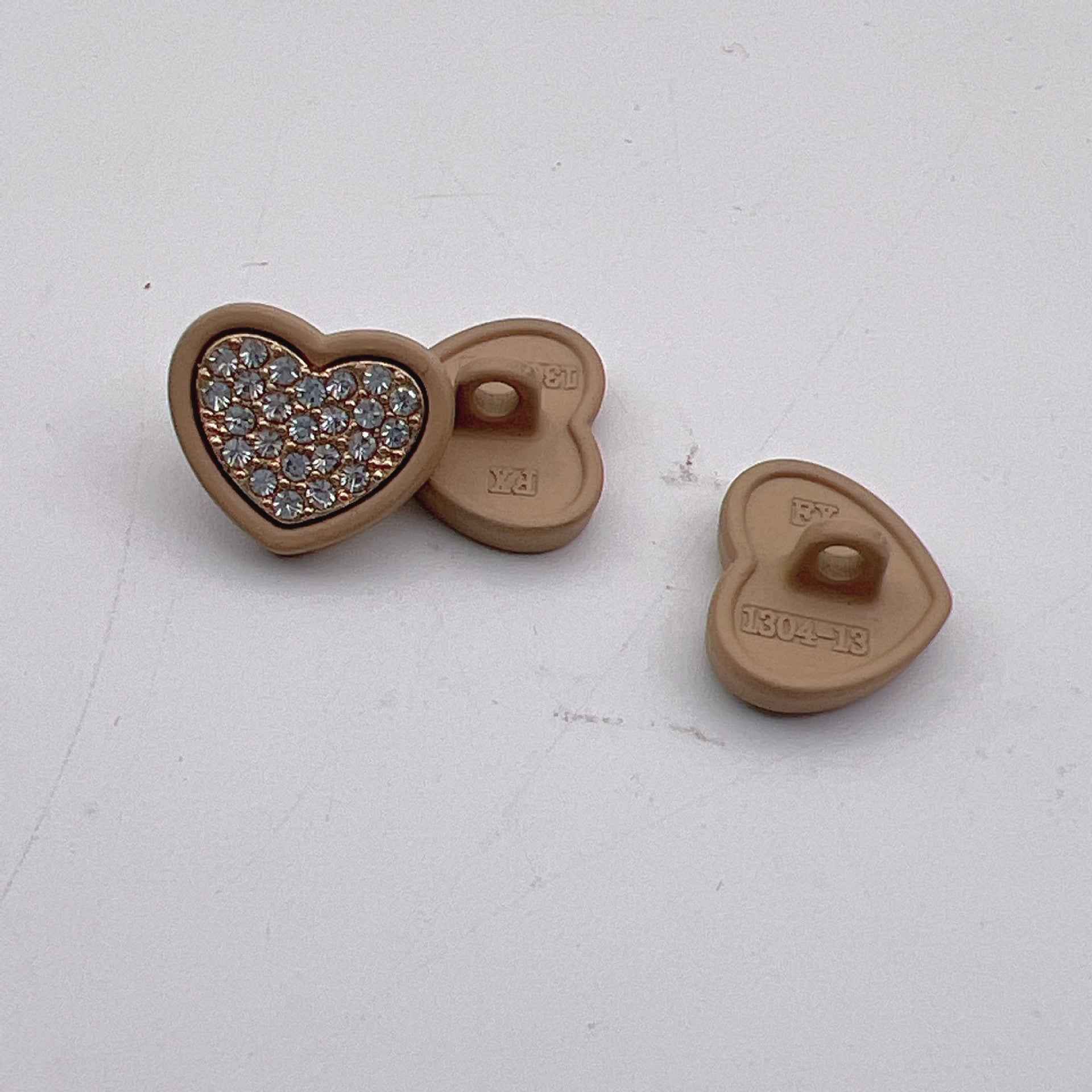 Heart-shaped metal button 12.5mm with rhinestones, coffee color, 50pcs
