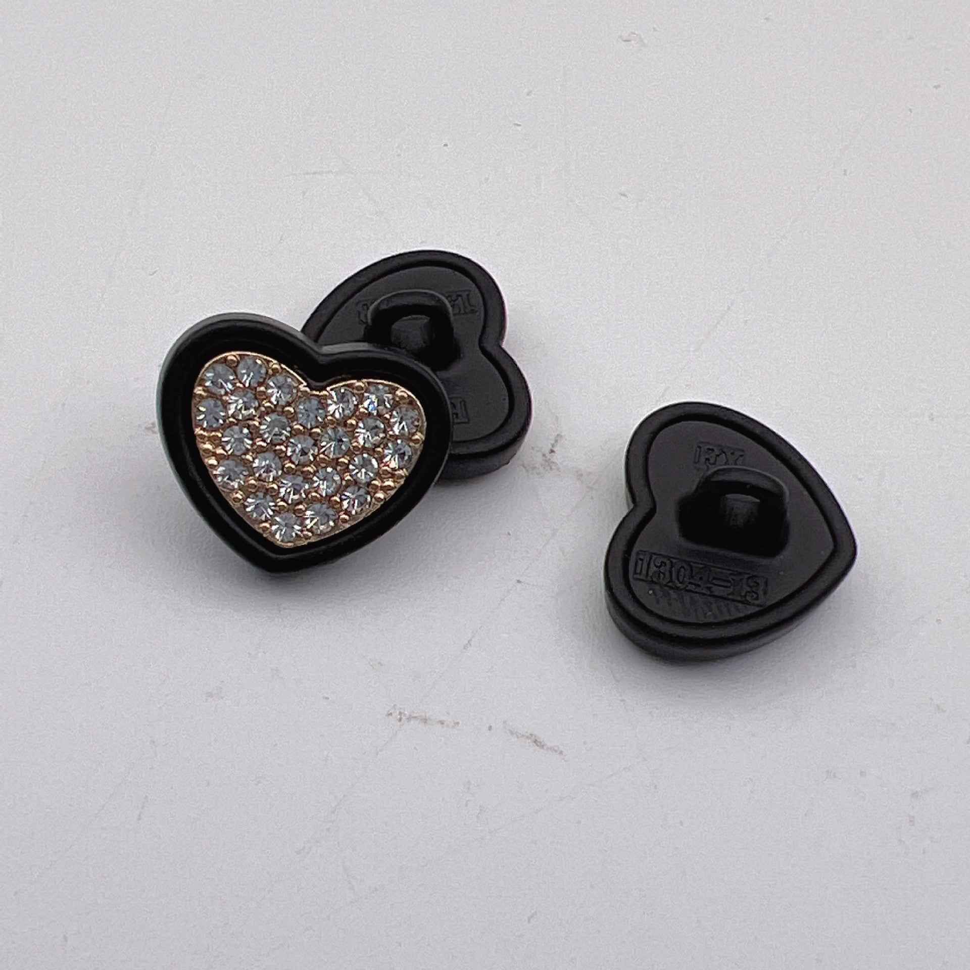 Heart-shaped metal button 12.5mm with rhinestones, black color, 50pcs