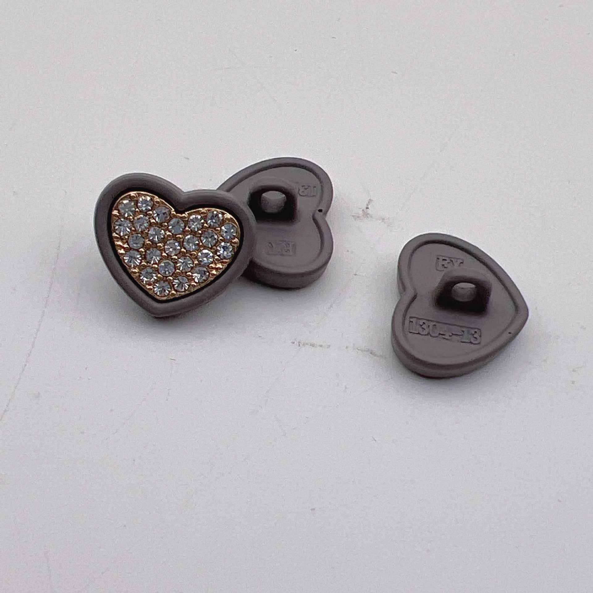Heart-shaped metal button 12.5mm with rhinestones, dark gray color, 50pcs
