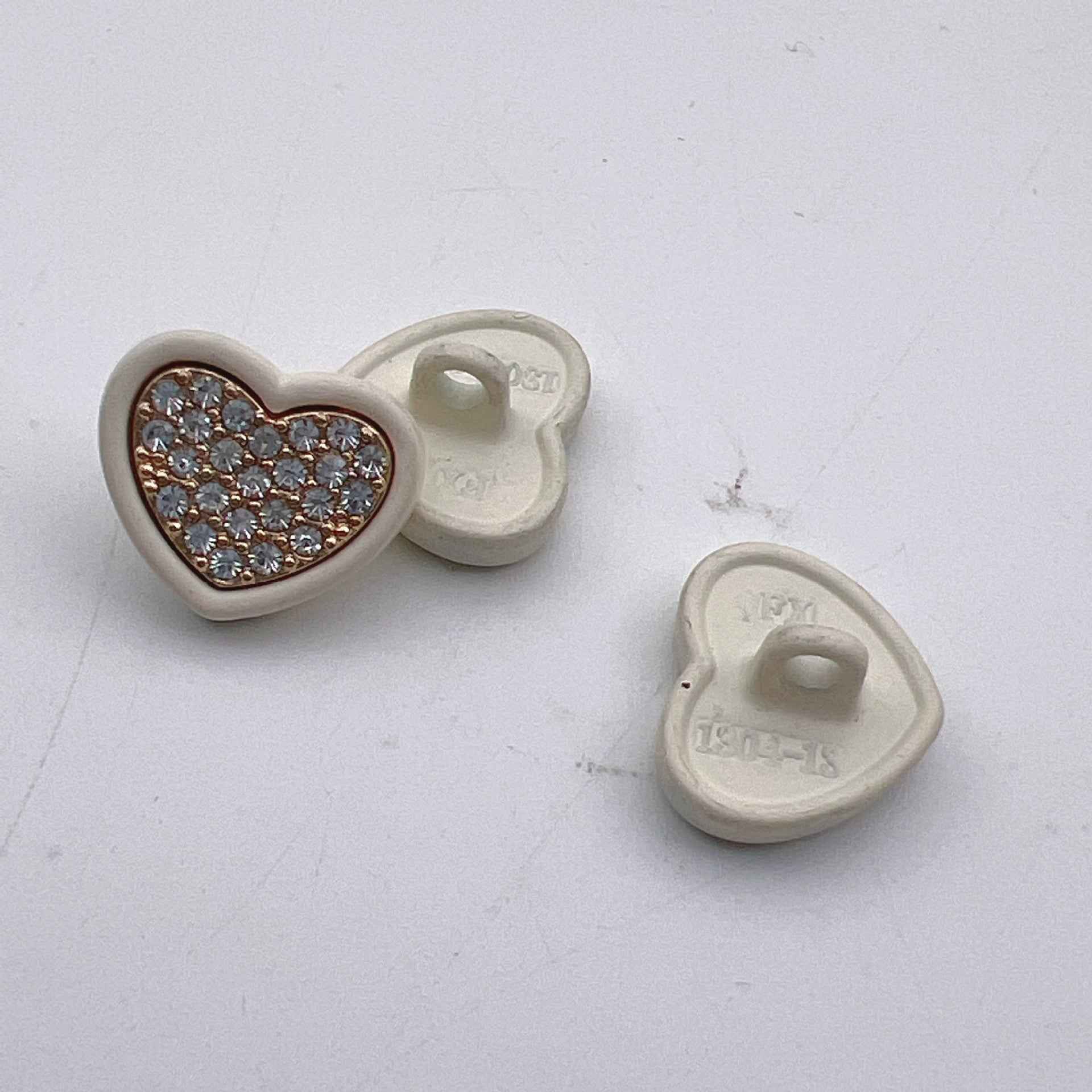 Heart-shaped metal button 12.5mm with rhinestones, white color, 50pcs