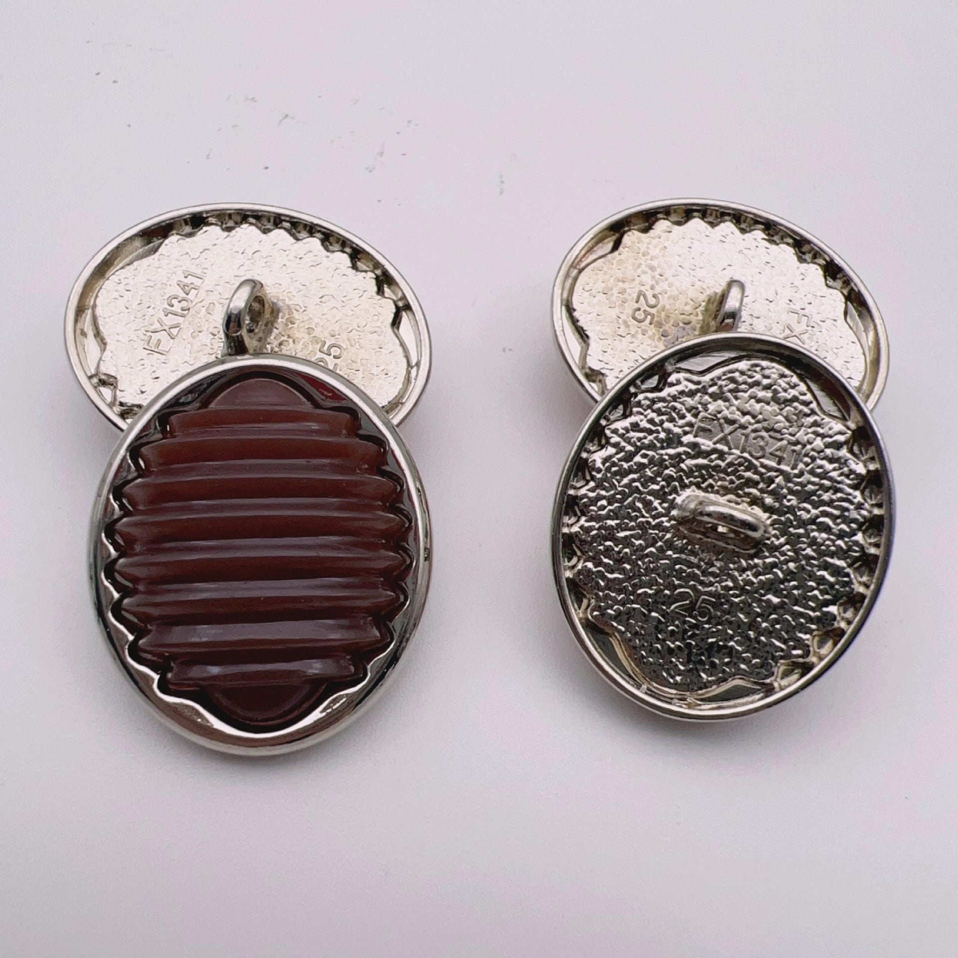 Oval stripe resin metal shank buttons, dark brown and textured metal back, 18/21/25mm