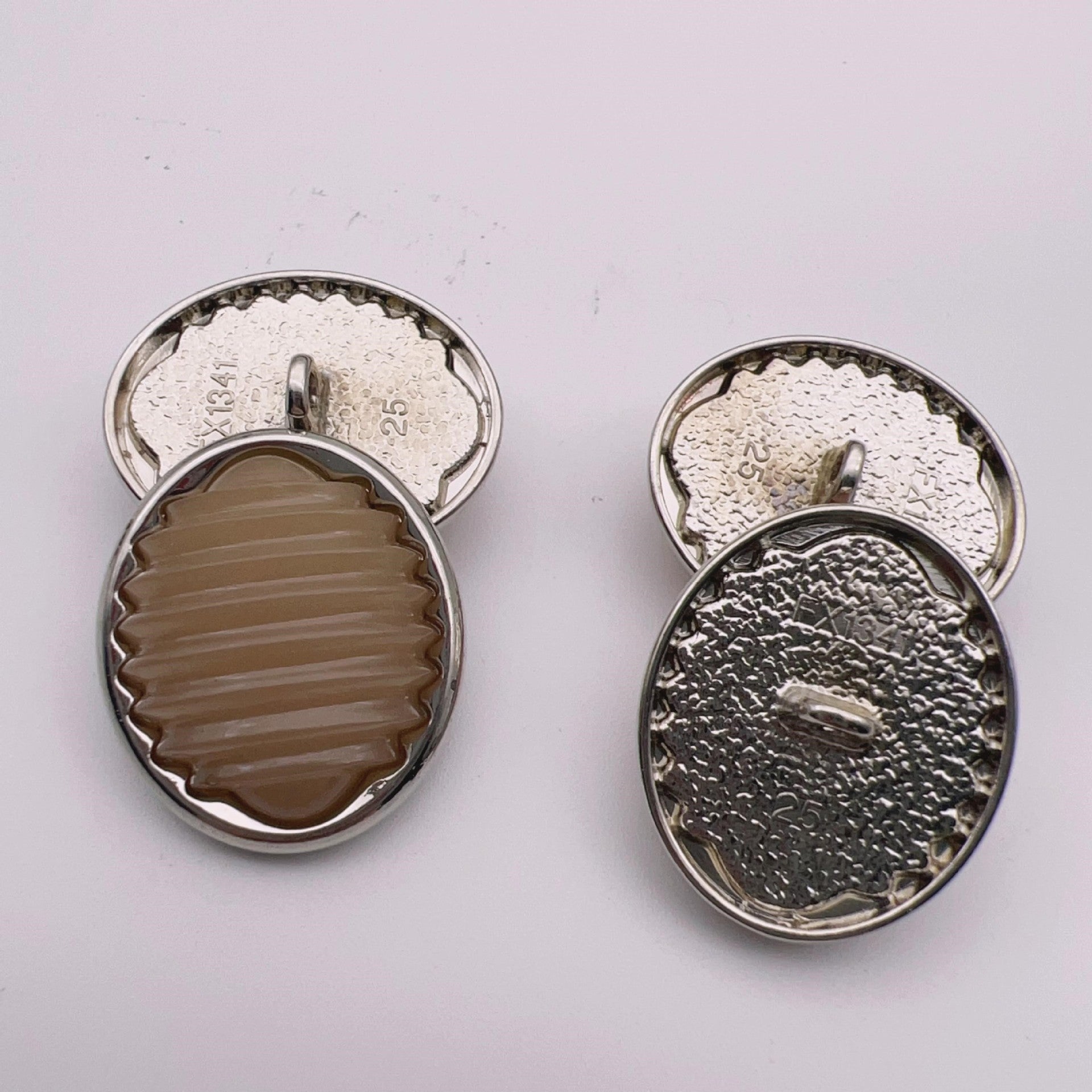 Oval stripe resin metal shank buttons, tan/brown and textured metal back, 18/21/25mm