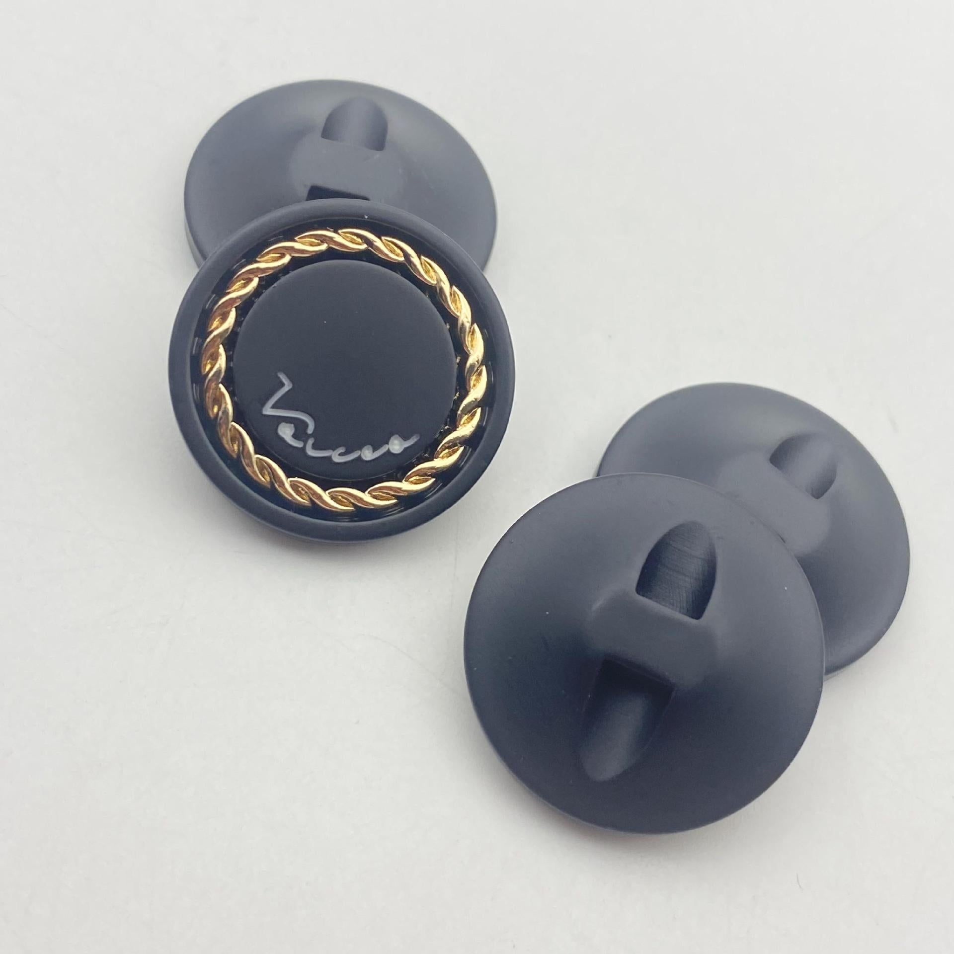 Blue resin button, gold-tone chain mesh rim with script, 25mm hidden shank detail