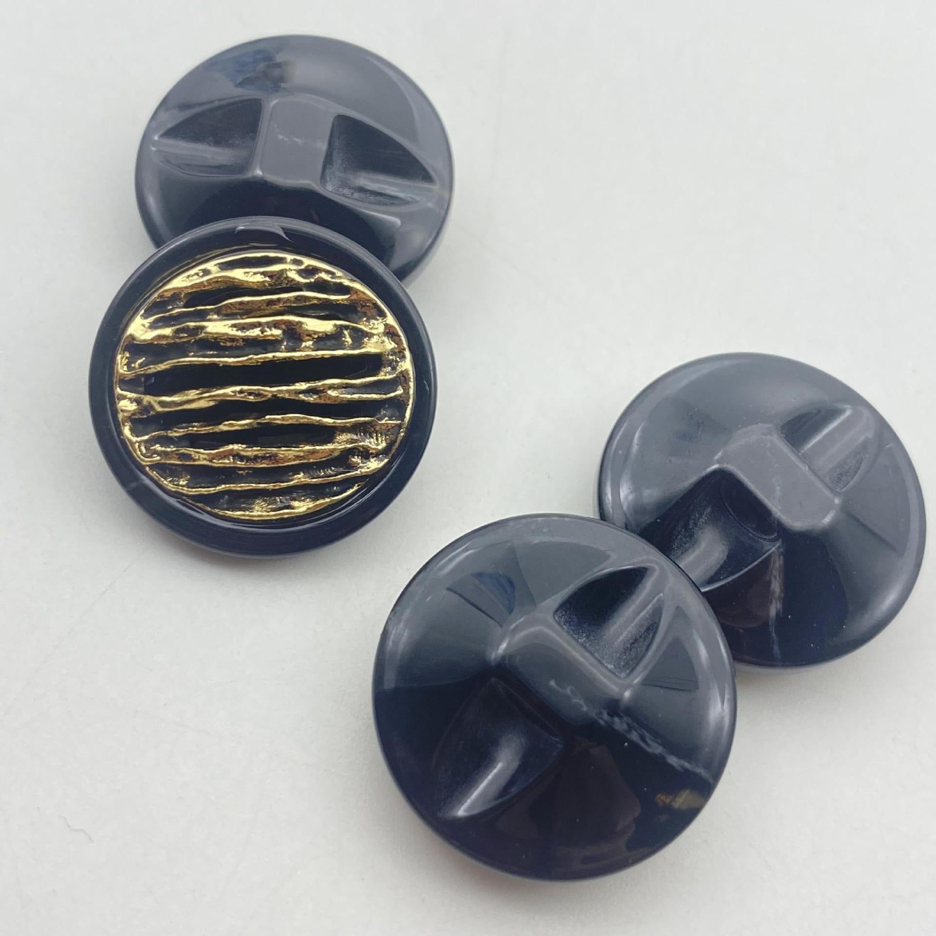 Navy blue 25mm resin button, gold ridged front with gold-tone chain mesh edge