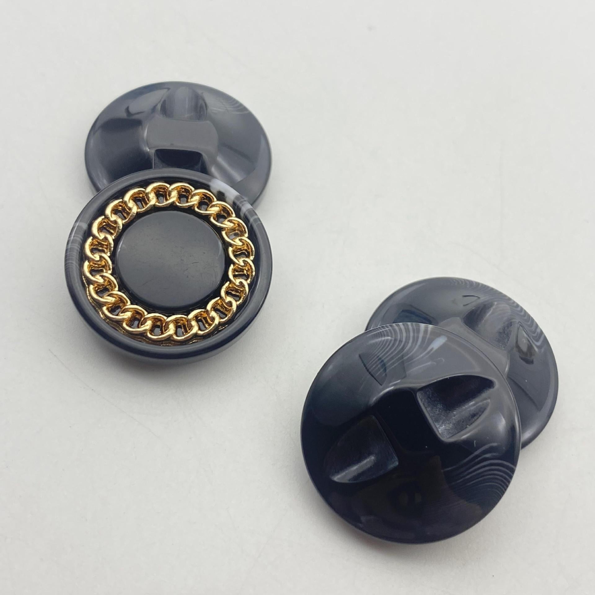 Navy resin button front and back, gold-tone chain mesh rim, 25mm hidden shank