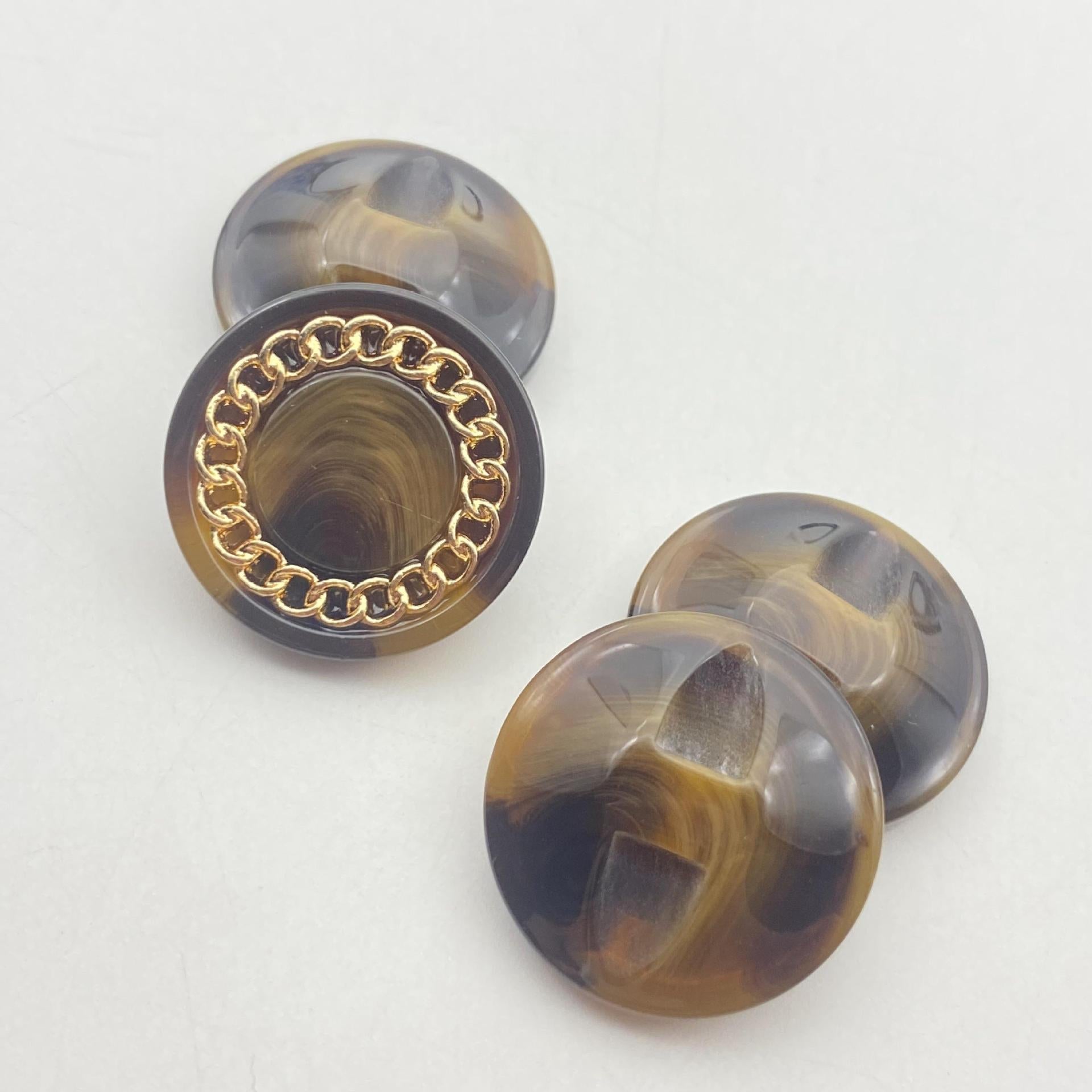 Amber/clear resin buttons, gold-tone chain mesh rim, 25mm round hidden shank