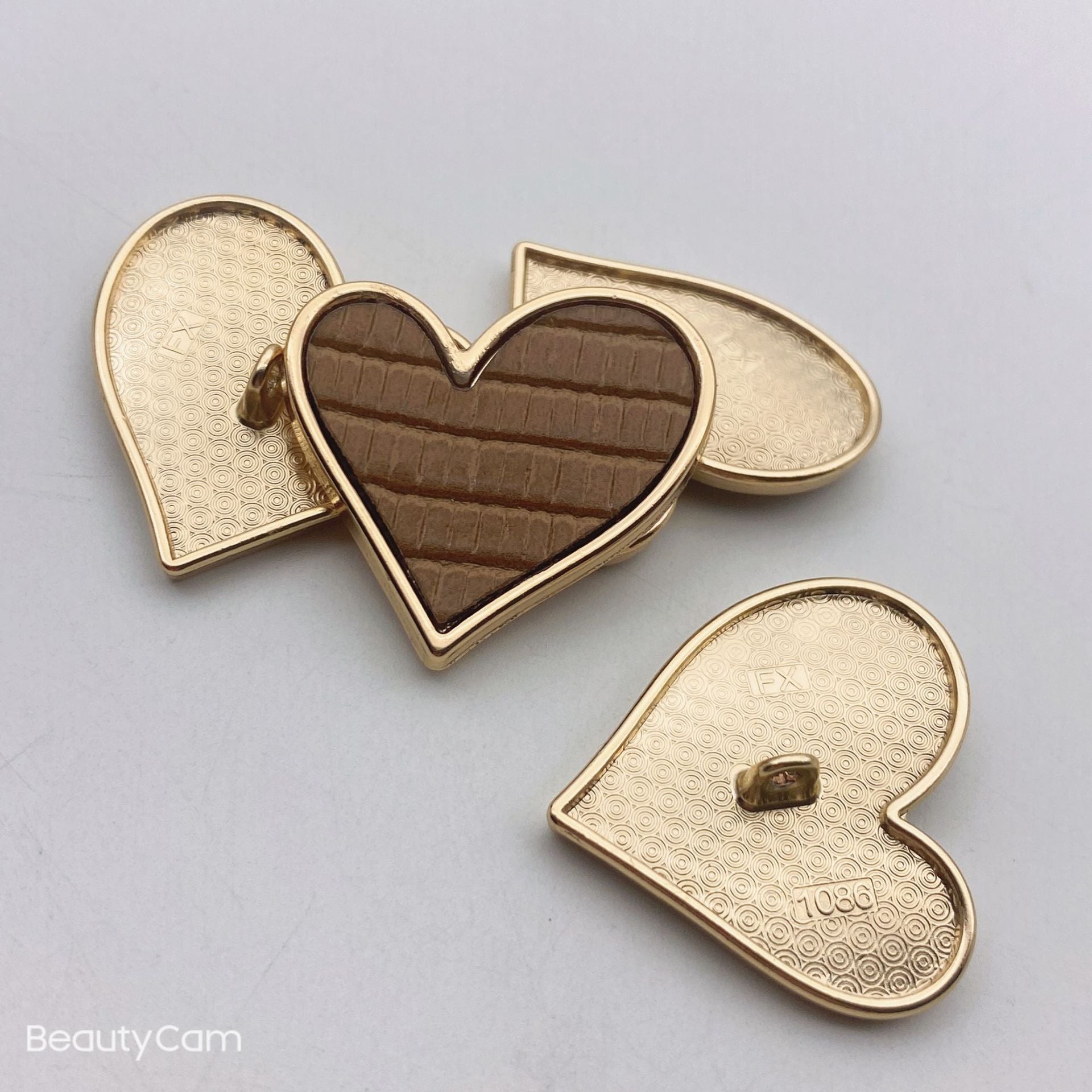 Heart-shaped leather-look buttons, brown and gold-tone metal shanks, 25mm, 10pcs
