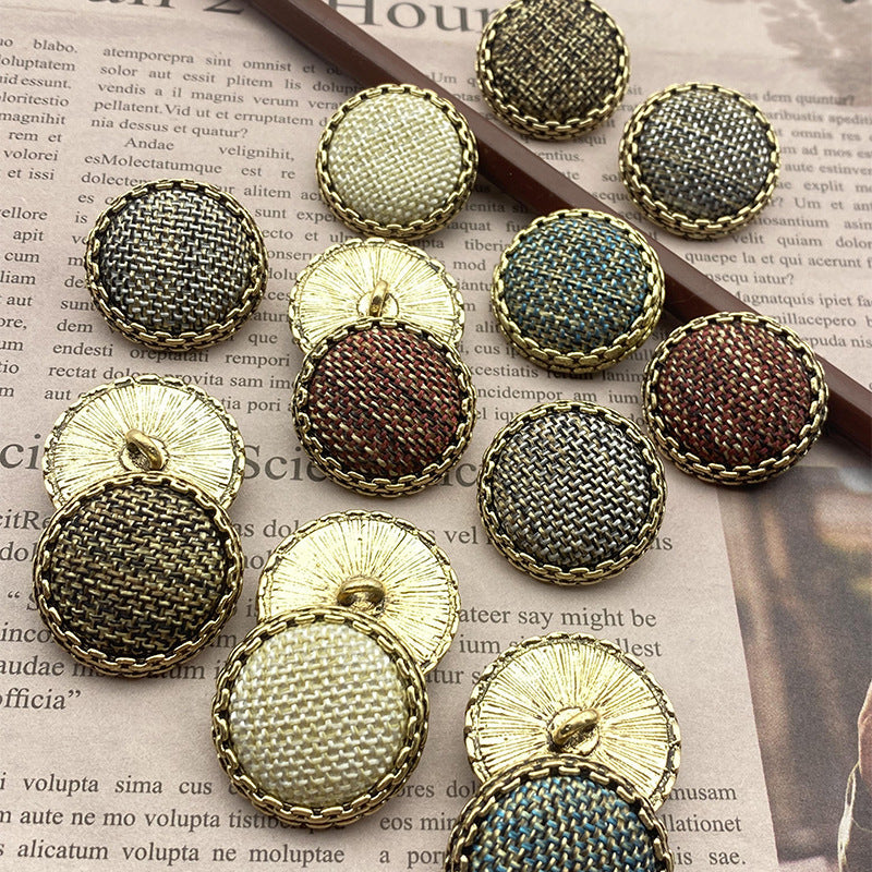 25mm metal shank button, brown woven fabric with gold rim and visible shank