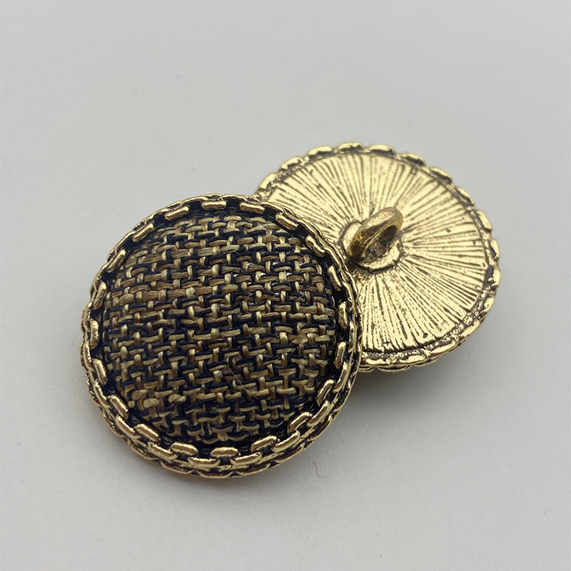 25mm metal shank button, dark blue woven fabric with gold rim and disc back
