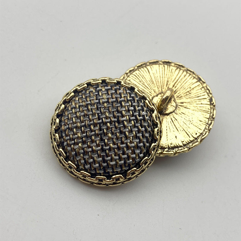 25mm metal shank button, navy woven fabric with gold rim and round back