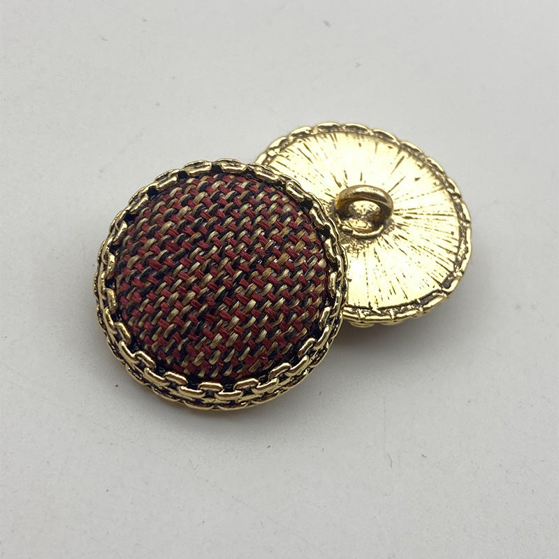 25mm metal shank button, burgundy woven fabric with gold rim and round back