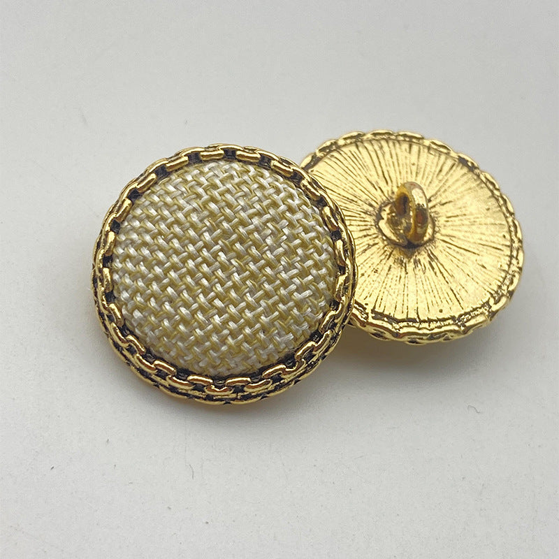 25mm metal shank button, light beige woven fabric with gold rim and round back