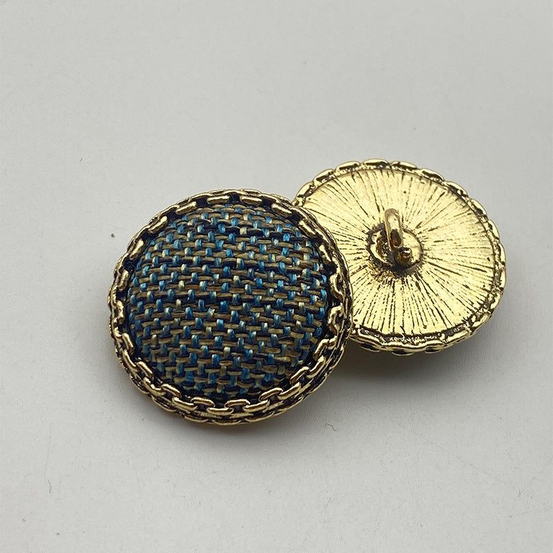 25mm metal shank button, dark blue woven fabric with gold rim and loop back
